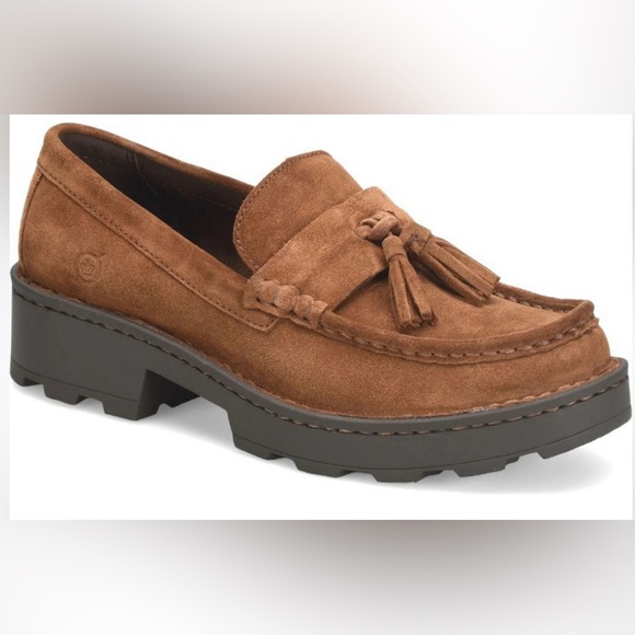 Born Rust Brown Capri Suede Lug Sole Loafers with Tassels NEW Sz 8.5 - Picture 1 of 11